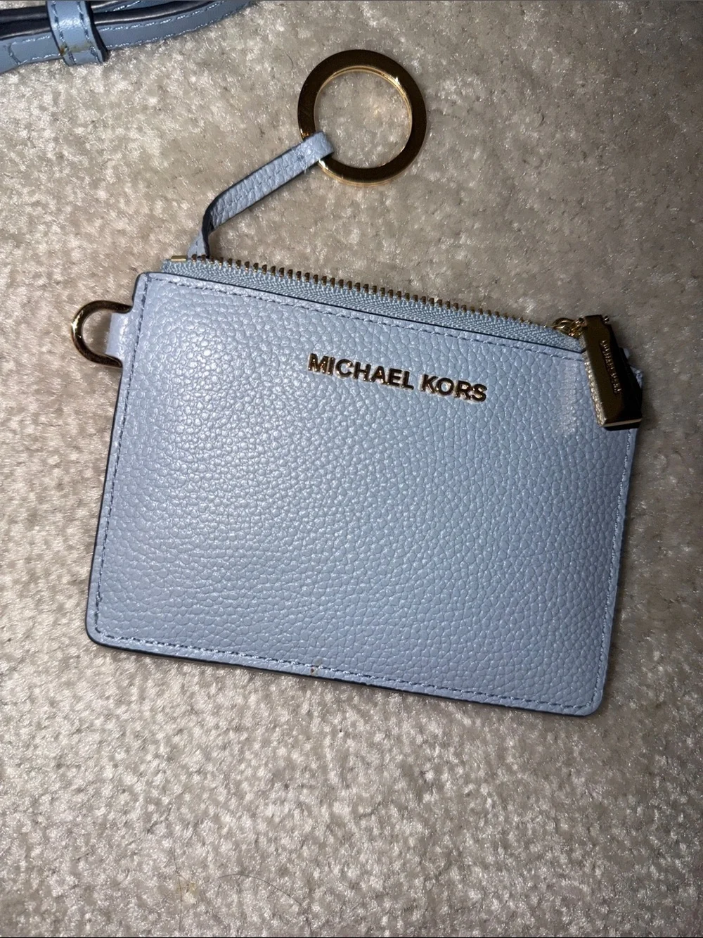Michael Kors Light Blue and White Signature Stripe Crossbody with Card Case
